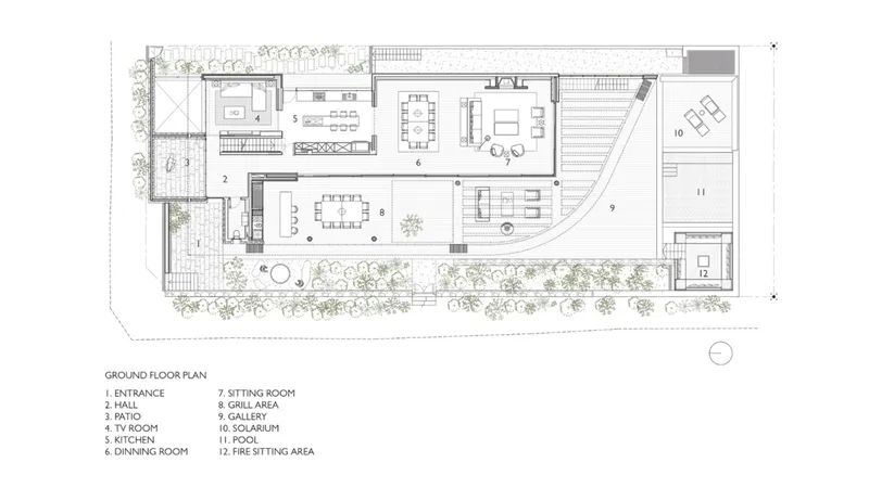 Ground floor plan drawing showing living and dining spaces wrapping around a planted courtyard