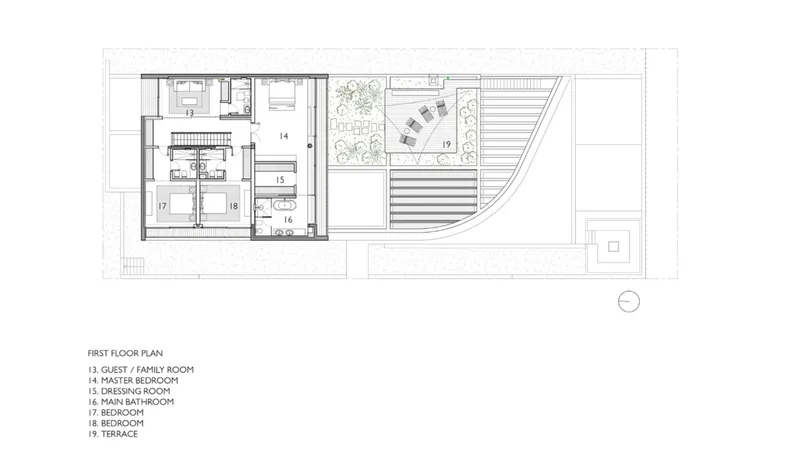 First floor plan showing a linear arrangement of bedrooms on the left and outdoor terraces to the right