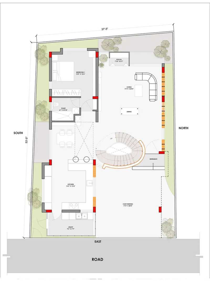 Ground floor plan drawing showing rooms arranged around a curved central staircase with car parking at the east edge