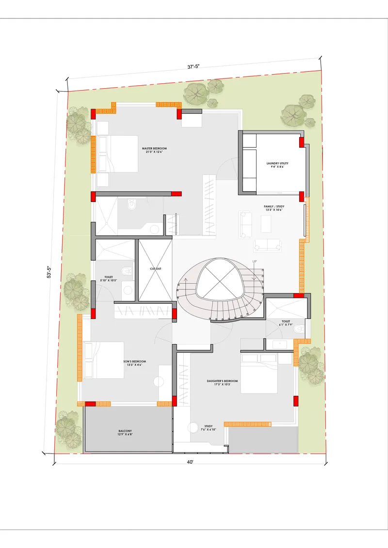 Upper floor plan drawing showing bedrooms and a family court around a central circular stair void with surrounding landscape