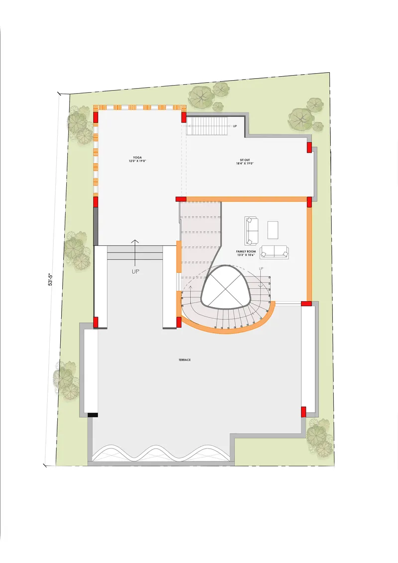 Terrace level plan drawing showing open terrace areas, a family deck, and curved stair adjacent to planted borders