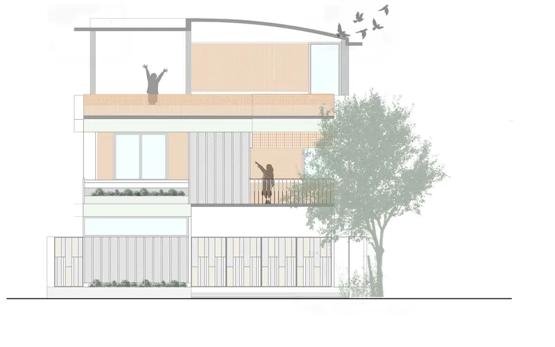 Elevation drawing showing a three-storey residence with vertical screening, balconies, and an adjacent mature tree