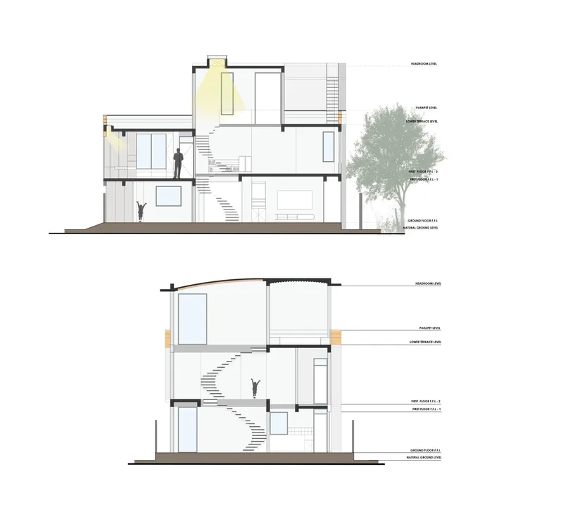 Section drawings showing interior spatial volumes with staircases connecting multiple levels and adjacent tree canopy