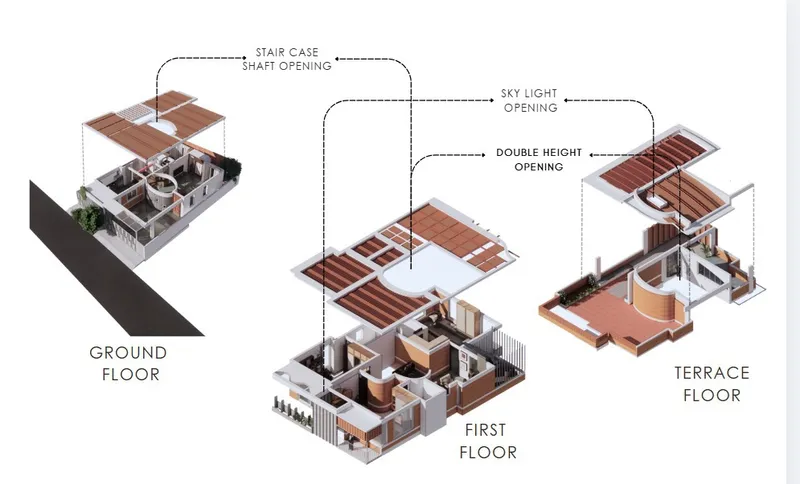 Exploded axonometric drawing showing three floor levels with timber roof planes and stair openings