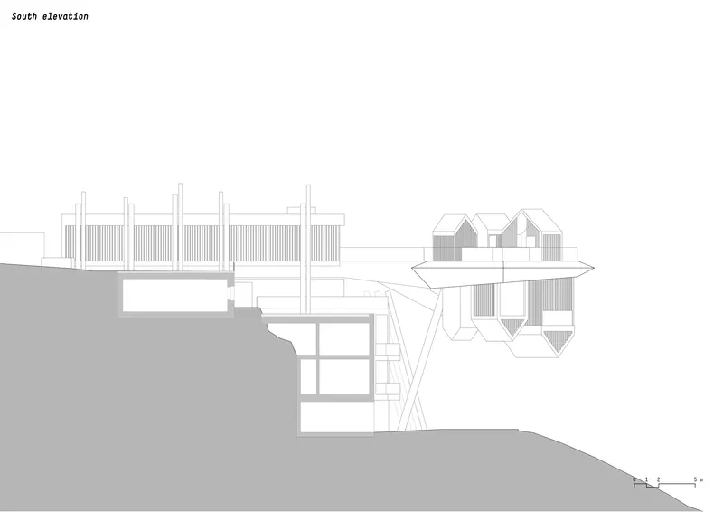 South elevation drawing showing the structure stepping down the sloped terrain with gabled volumes