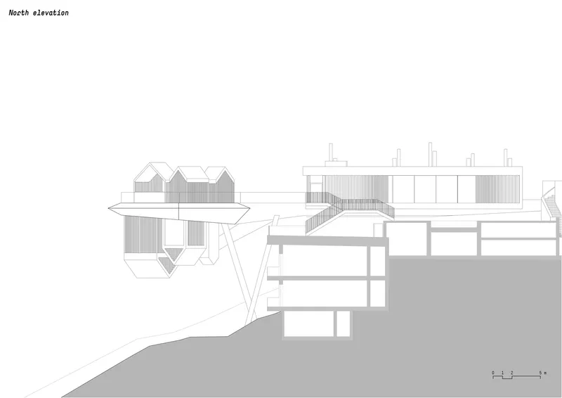 North elevation drawing showing gabled volumes on a terraced platform embedded in a sloping site