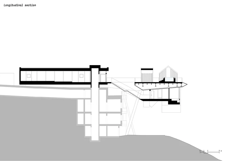 Longitudinal section drawing revealing interior spaces stepping down the hillside with connecting bridge