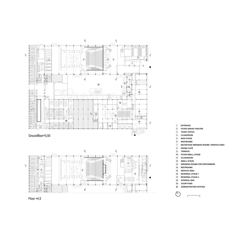 Floor plans showing ground level and upper level layouts with theater seating, stages, and support spaces