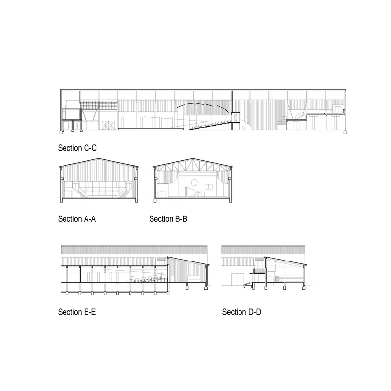 Section drawings revealing the arched roof structure, interior volumes, and varying ceiling heights throughout the building
