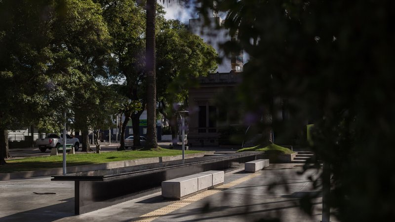 Memorial installation with black and white seating elements viewed through tree branches in afternoon light