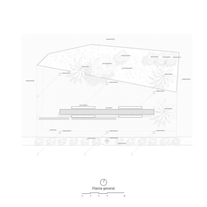 Floor plan drawing showing an angular footprint with planted areas and interior spaces arranged along a diagonal axis