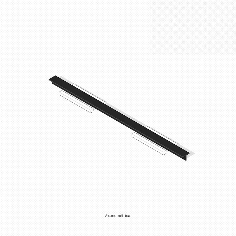Axonometric drawing of a sloped black beam with two recessed openings along its length