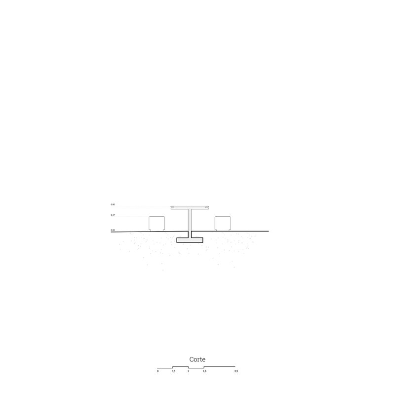 Section drawing showing a central cantilevered roof structure flanked by two volumes at ground level