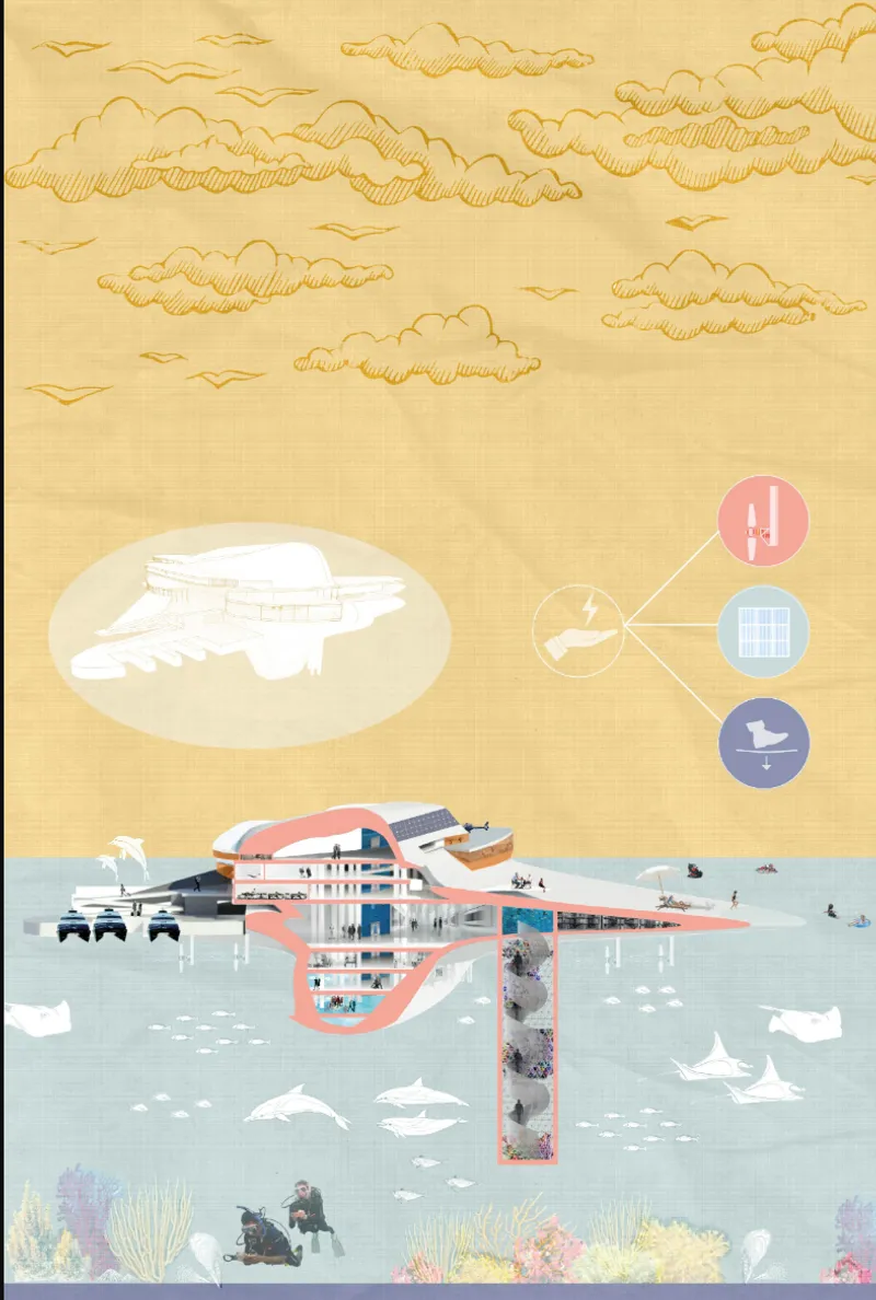 Sectional perspective revealing research, education, tourism, and marine conservation spaces within the floating complex.