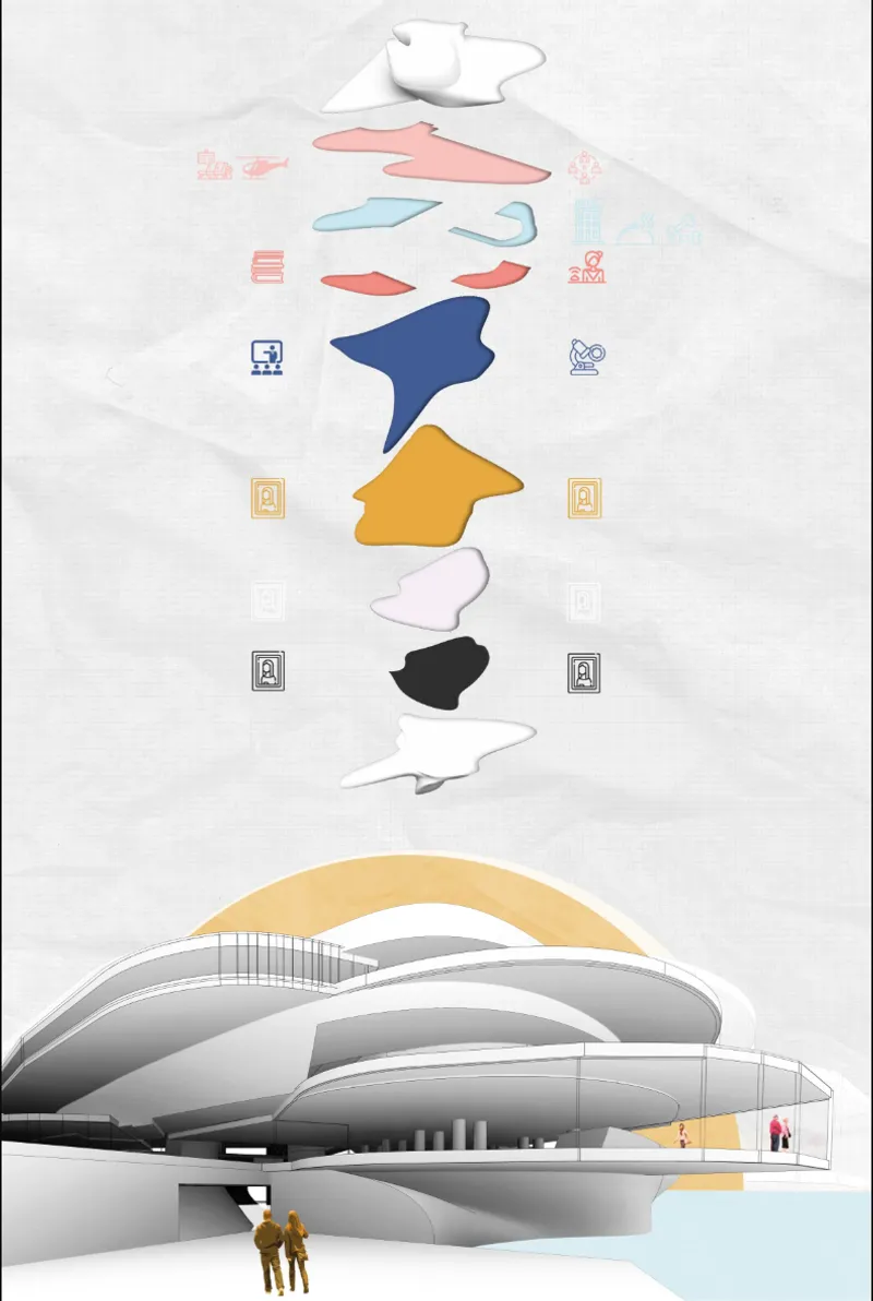 Exploded architectural diagram showing layered programs inspired by the adaptive growth of coral reefs.