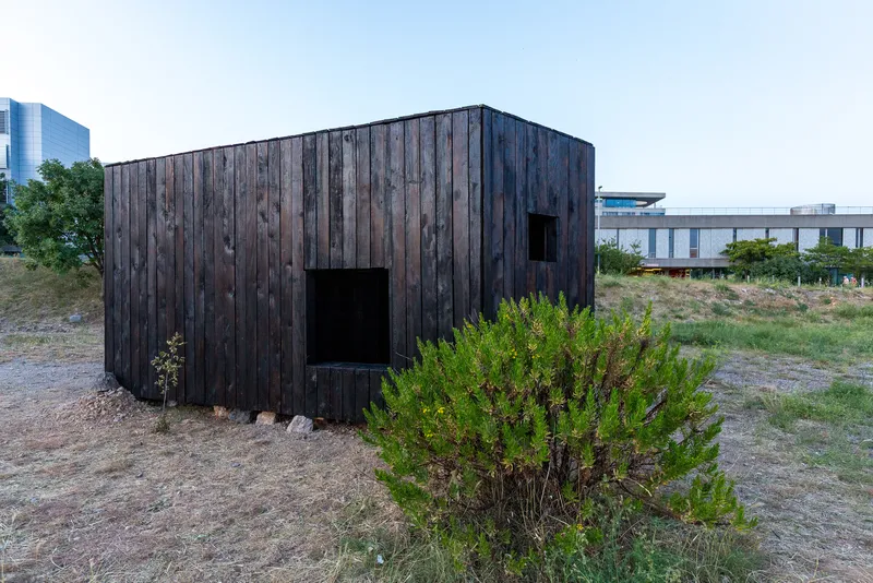 Corner elevation showing the blackened timber cladding and two recessed openings beside a green shrub