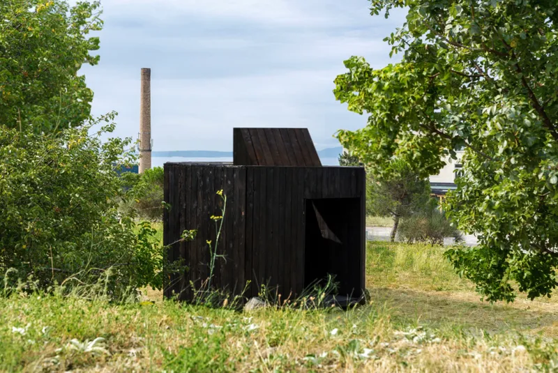 Charred timber structure with chimney and recessed openings framed by wild grasses and green foliage