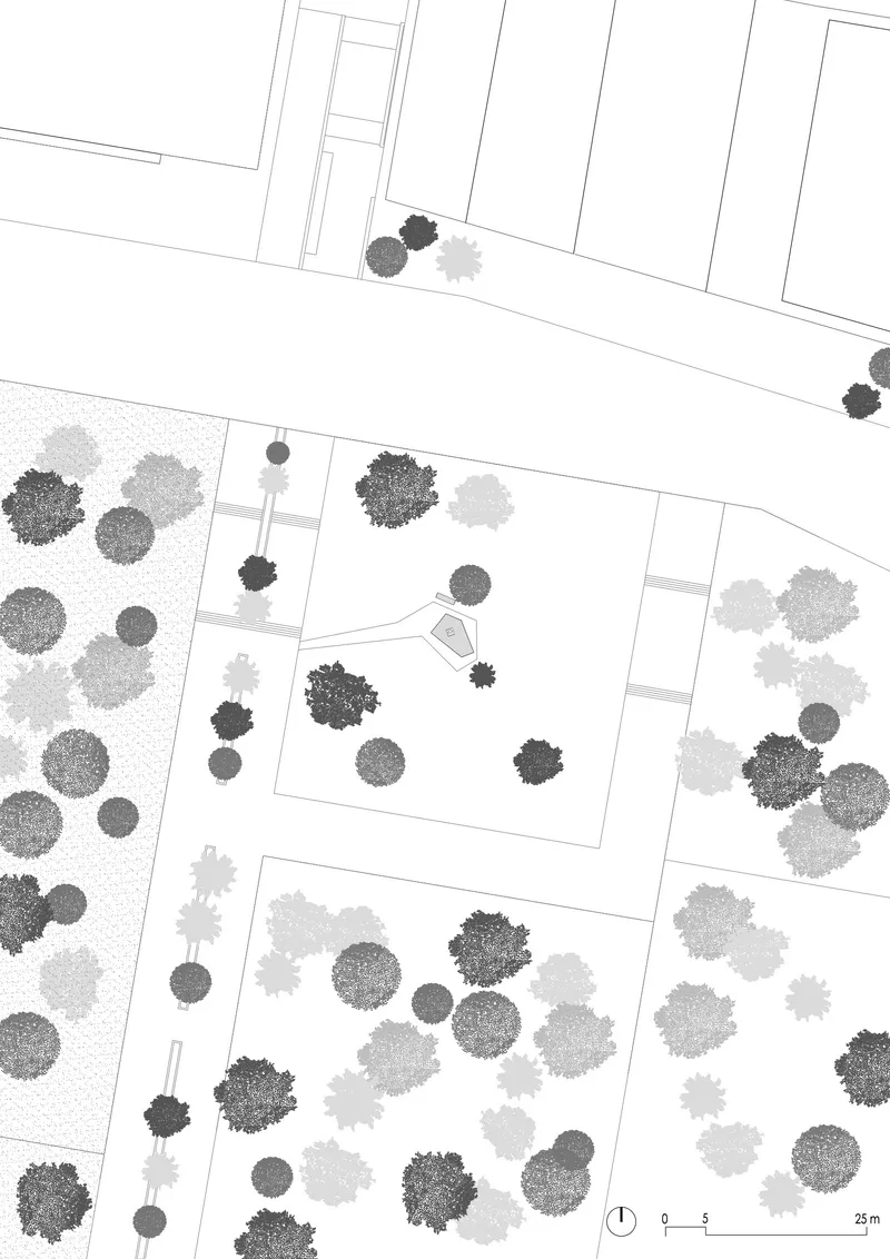 Site plan drawing showing scattered tree canopies across rectangular parcels and a curving street edge