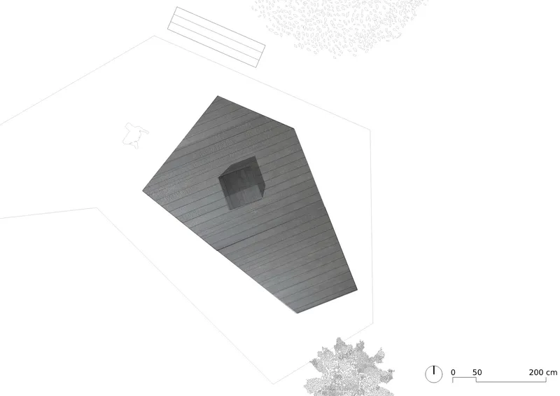 Roof plan drawing of a pentagonal volume with horizontal cladding and a central square opening