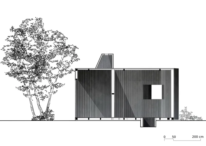 Elevation drawing showing the timber-clad pentagonal structure with a square window and adjacent trees