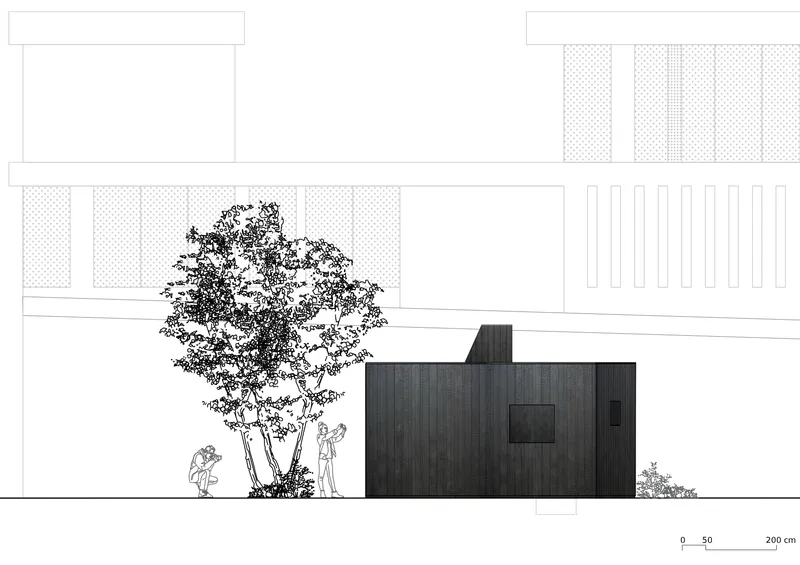Elevation drawing showing a dark-clad volume in front of a textured wall and adjacent building with a tree