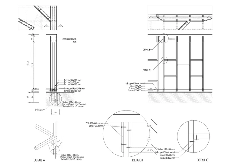 Construction detail drawings showing timber column base connections and metal sheet panel assembly with dimensions and material callouts