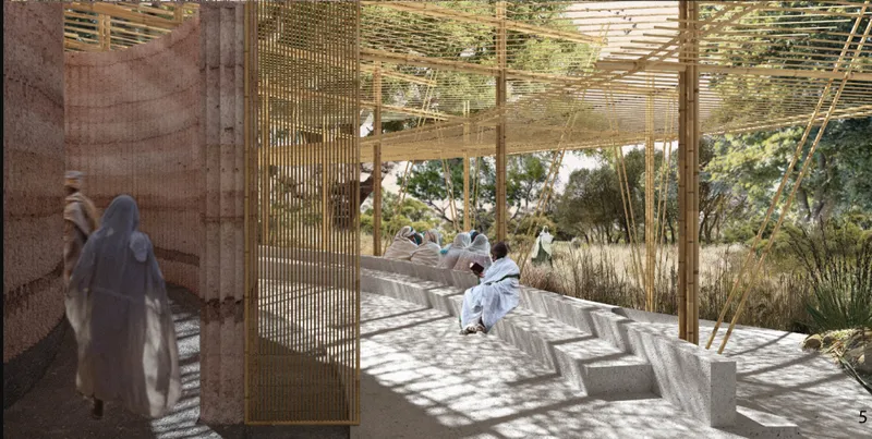 A shaded outdoor gathering space connects the chapel to the surrounding Ethiopian forest garden.