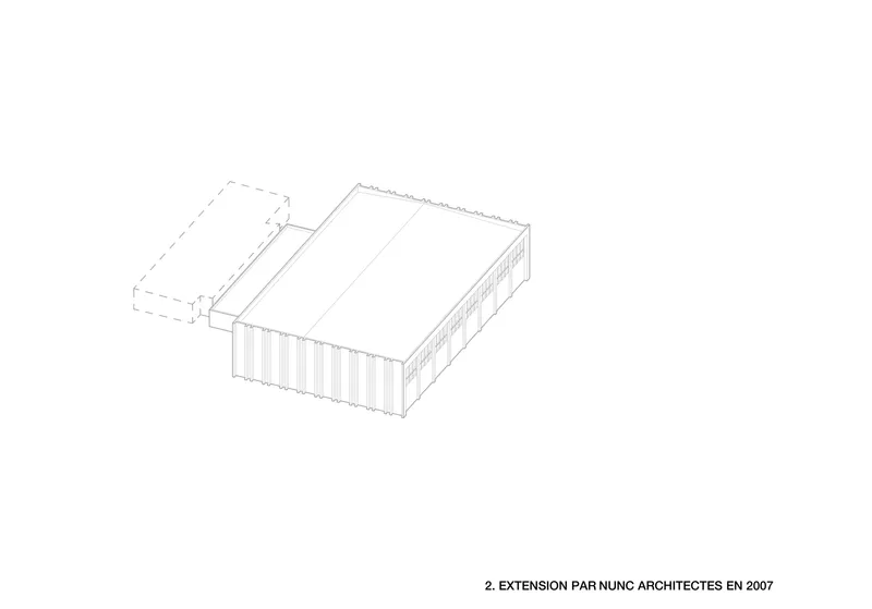 Axonometric drawing showing a rectangular volume with a smaller dashed addition attached at one end