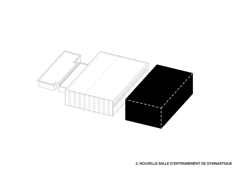Axonometric drawing showing three connected volumes with a solid black rectangular form added to the composition