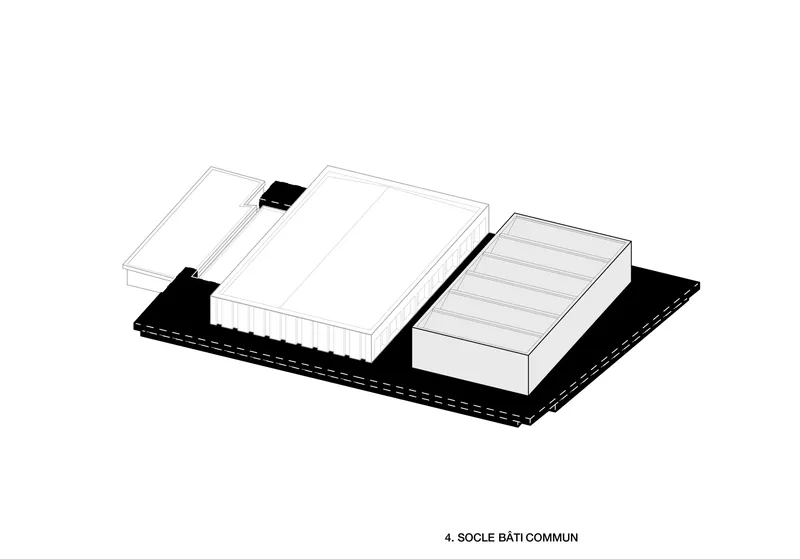Axonometric drawing depicting three white volumes positioned on a black platform base with dashed edges