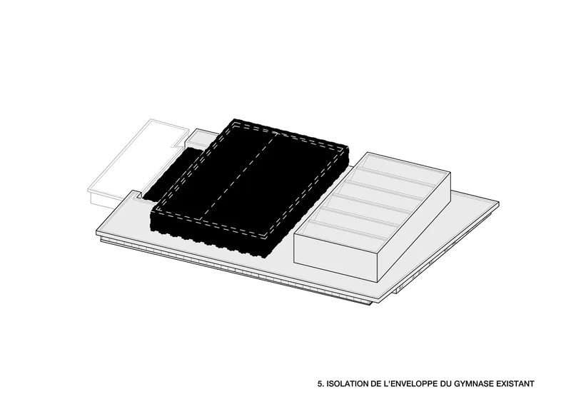 Axonometric drawing showing the central black volume isolated above a horizontal plinth with adjacent white forms