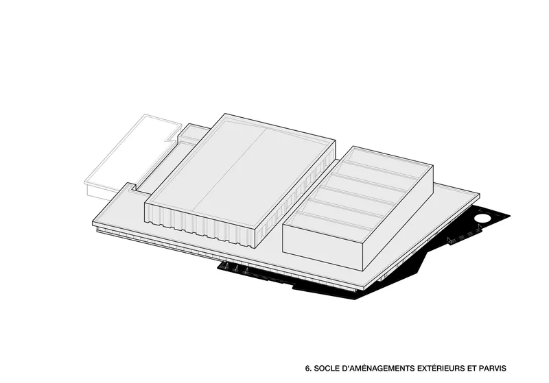 Axonometric drawing illustrating the black base layer beneath the white volumes and sloped plinth