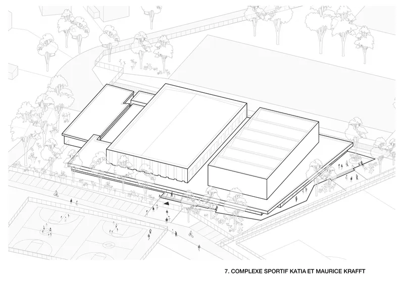 Isometric site drawing showing rectangular volumes among sketched trees and figures on paved surfaces