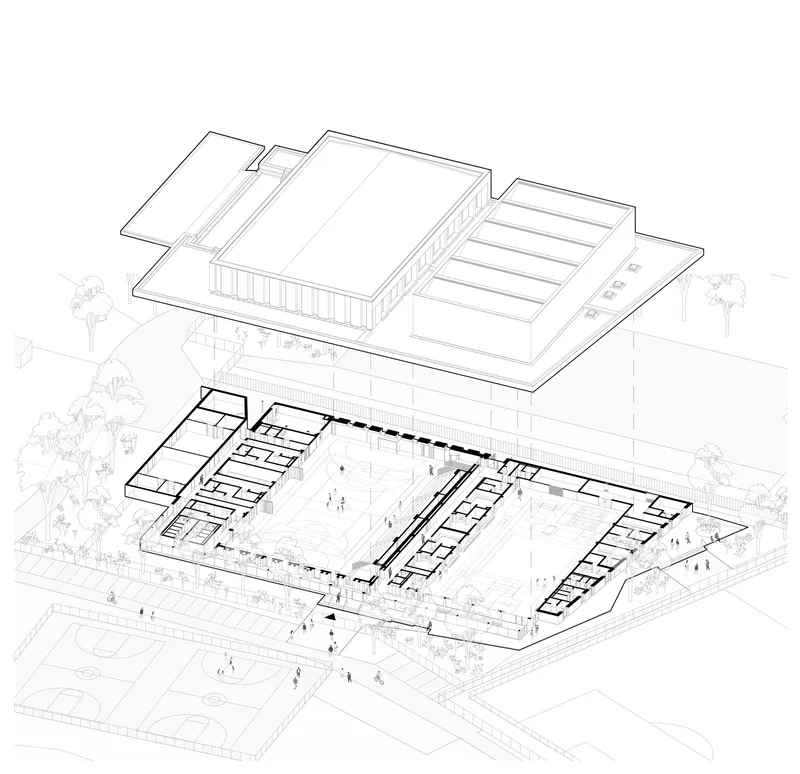 Exploded axonometric drawing revealing interior courtyard spaces with figures and trees between the building volumes