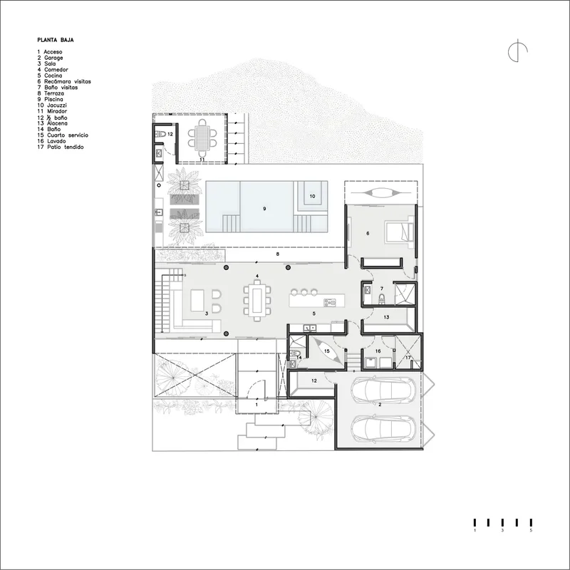Ground floor plan drawing showing open living areas, courtyards, garage, and room layout around central circulation