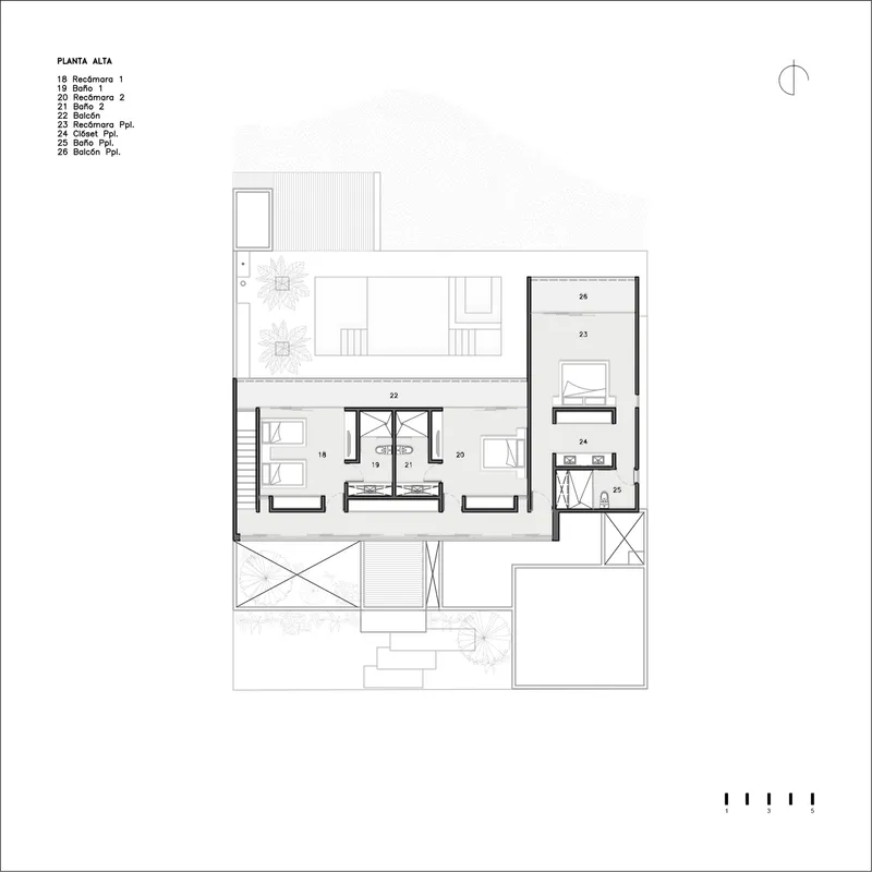 Upper floor plan drawing showing bedroom layout with balcony terraces and bathroom facilities