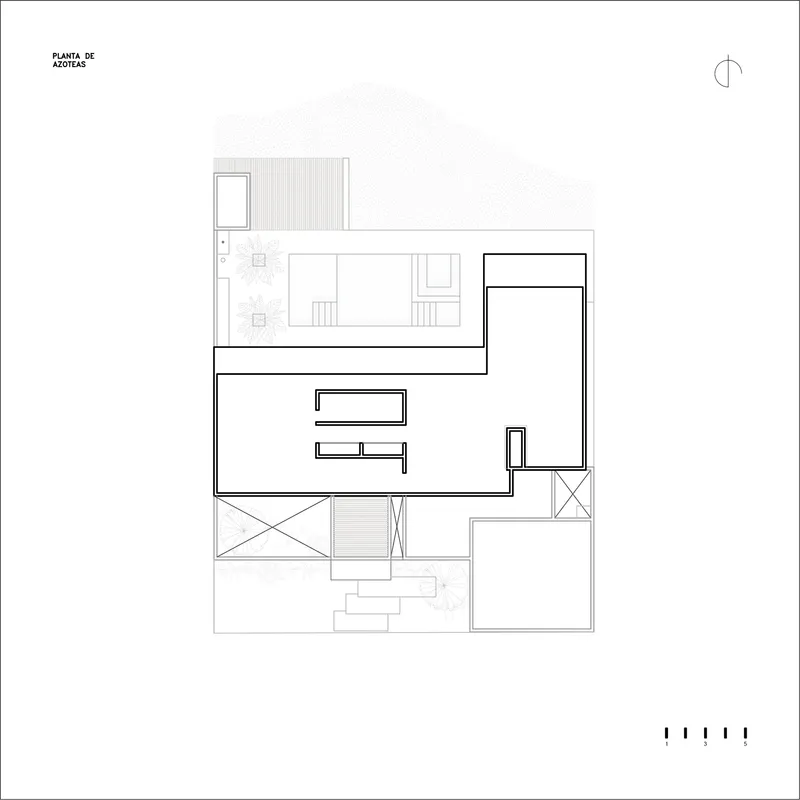 Roof plan drawing showing an L-shaped configuration with a terrace and stair placement