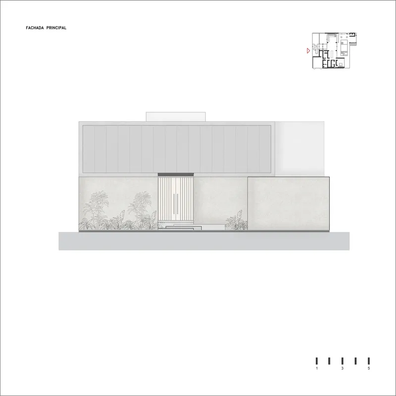 Elevation drawing of the principal facade with vertical slat entrance flanked by planted beds