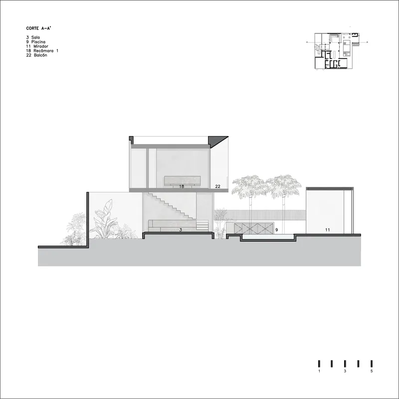 Section drawing through the residence showing a two-story interior with stairs and courtyard tree