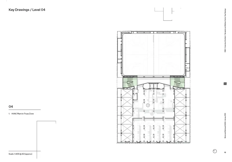 Fourth level floor plan drawing showing an open hall with diagonal cross bracing
