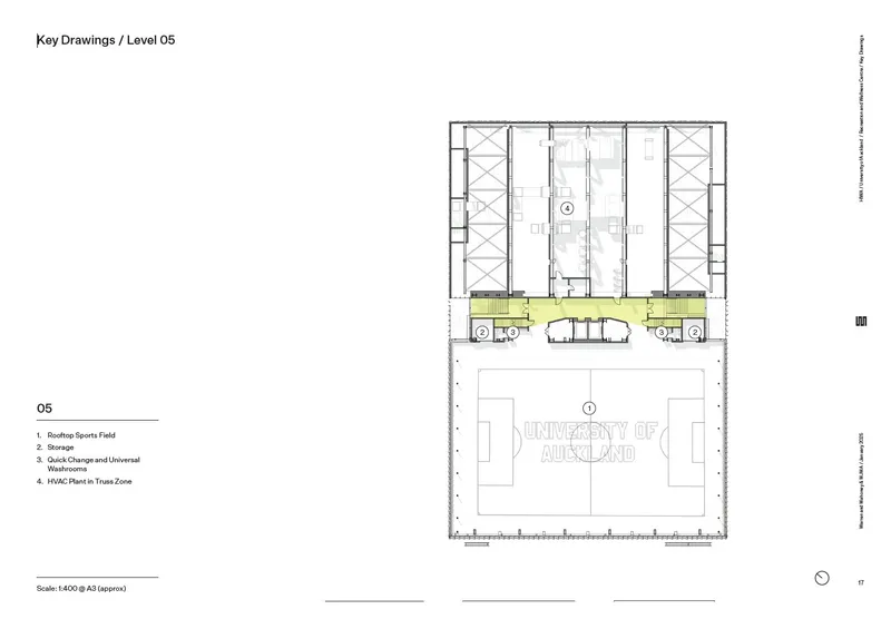 Floor plan showing rooftop sports field with flanking circulation zones highlighted in yellow