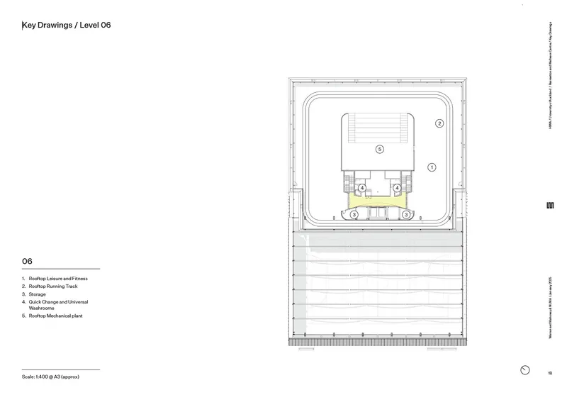 Floor plan showing central rooftop running track loop surrounding mechanical plant and fitness spaces