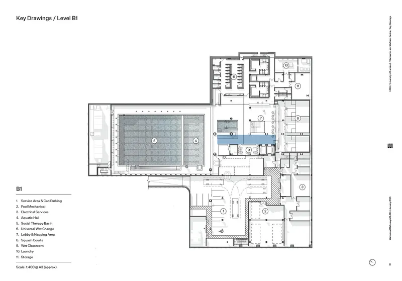 Floor plan showing pool area highlighted in blue alongside squash courts and service zones