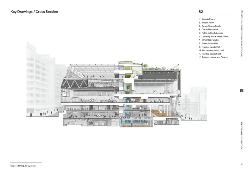 Cross section drawing showing angled roof structure with planted terraces and internal program distribution