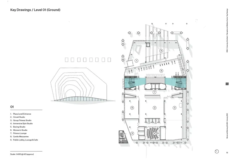 Ground level floor plan drawing showing angular rooms with highlighted zones and numbered spaces