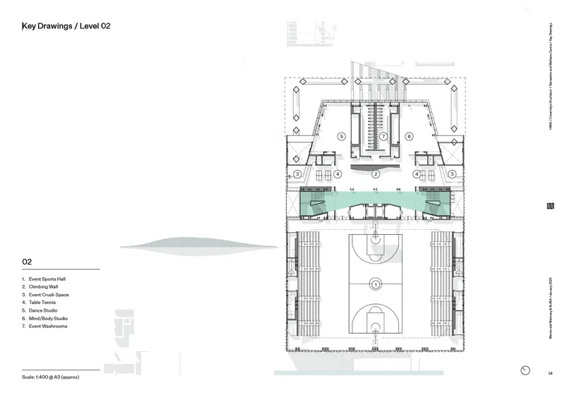 Second level floor plan drawing showing a full basketball court and circulation areas