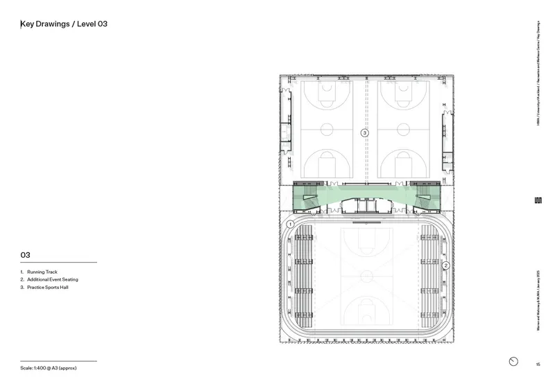 Third level floor plan drawing depicting two basketball courts and a running track