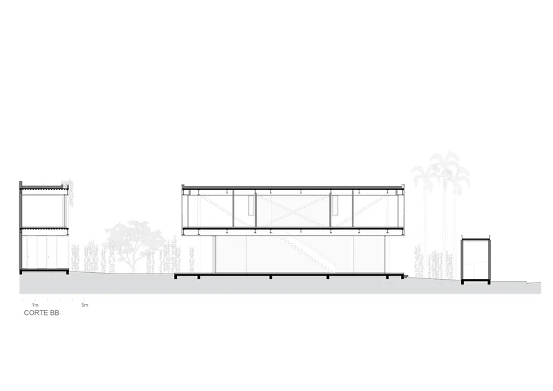 Section drawing showing a two-story volume connected to single-story structures with trees in the background