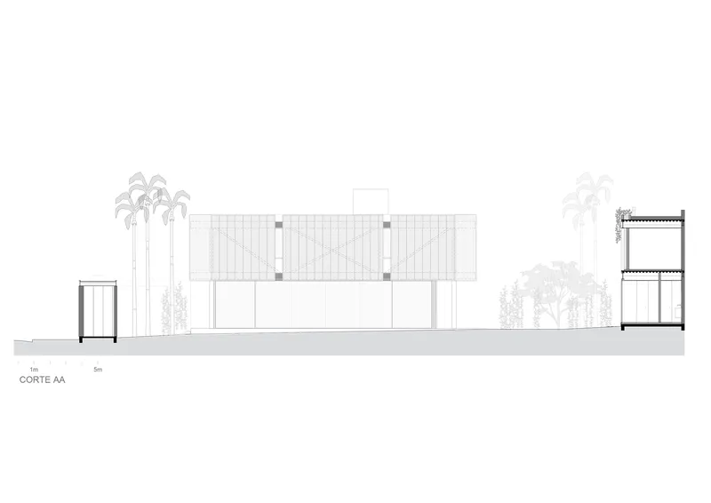 Section drawing showing the main volume with vertical slatted facade flanked by palm trees and auxiliary structures