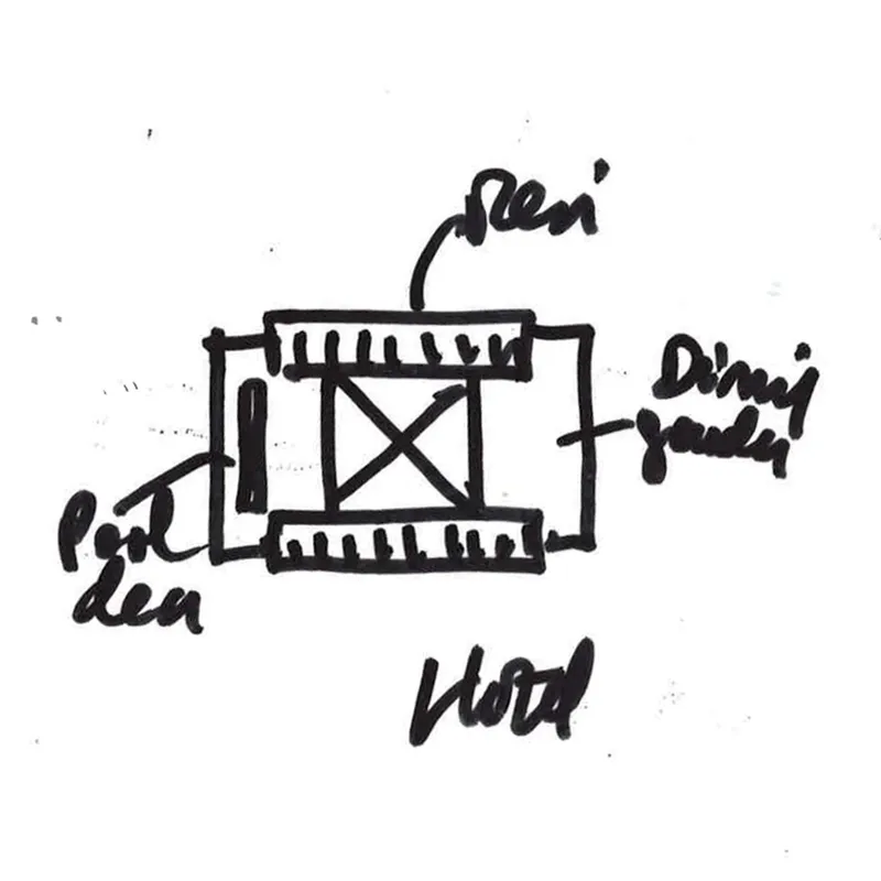Sketch plan showing a rectangular courtyard with annotated rooms including a dining area and hotel